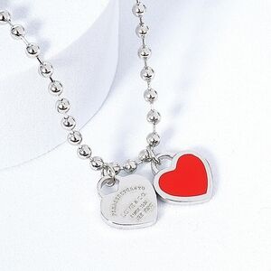 Red Double Heart Pendant Charm Necklace Dipped Metal Chain Link Bubble Silver